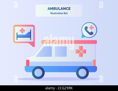 Ambulance Illustration Set rot Kreuz van Auto Hintergrund des Bettes Notruf mit flacher Farbgebung Stock Vektor
