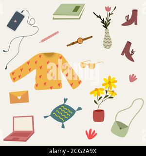 Daily stuff college Student Icon set Smartphone Buch Schuhe Tasche Laptop-Stift mit flachen Cartoon-Stil Stock Vektor