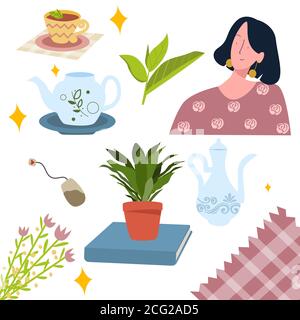 Tee Kultur Ikone Blatt schießt Teekanne trinken Frauen mit flach Cartoon-Stil Stock Vektor
