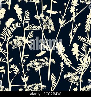 Florales Nahtloses Muster mit verschiedenen Blüten und Blättern. Botanische Illustration handbemalt. Textildruck, Stoffmuster, Geschenkpapier. Stock Vektor