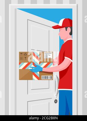 Mann hinterließ Kartons mit Waren in der Nähe der Haustür. Kurier Charakter hält Paket. Karton Lieferung Verpackung geschlossene Box mit zerbrechlichen Zeichen. Kostenloser und schneller Versand. Cartoon flache Vektor-Illustration Stock Vektor