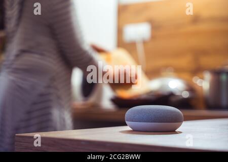 Sprachgesteuerter Smart Speaker in einem Zuhause mit Sprachsteuerung Smart Speaker in einer Innenraumumgebung mit einer Frau Kochen im Hintergrund Stockfoto