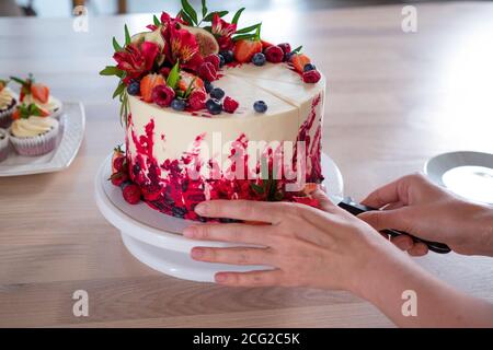 Große schöne rote Samtkuchen, mit Blumen und Beeren auf der Oberseite. Schneiden Sie eine Portion ab, die Hände der Frauen aus nächster Nähe. Stockfoto