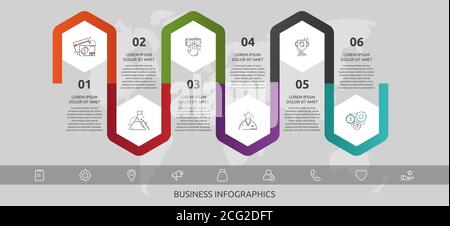 Vektor-Infografik-Schablone Sechsecke für sechs Symbole, Diagramm, Diagramm, Darstellung. Geschäftskonzept mit 6 Schritten. Für Inhalt, Flussdiagramm, Zeitleiste Stock Vektor