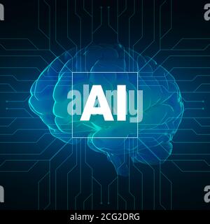 Konzept Der Künstlichen Intelligenz. Digitales Gehirn mit elektronischen neuronalen Verbindungen und KI-Schriftzug Stockfoto