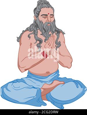 Erwachsener Mann mit langen, grauen Haaren und Bart in blauen Hosen, die Yoga machen. Vektor Stock Vektor