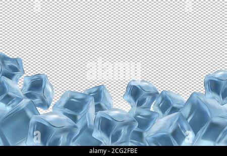 Gefrorene Eiswürfel auf transparentem Hintergrund mit Platz für den Text. Realistische Eiswürfel aus nächster Nähe. Vektorgrafik Stock Vektor
