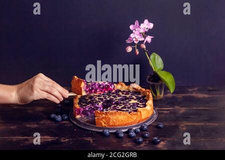 Womans Hand schneidet ab und nimmt ein Stück rustikalen Shortbread Pie mit Heidelbeeren. Stockfoto