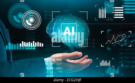 Creative Colage des Geschäftsmannes Holding Digital 3D Gehirn mit KI Beschriftung Stockfoto