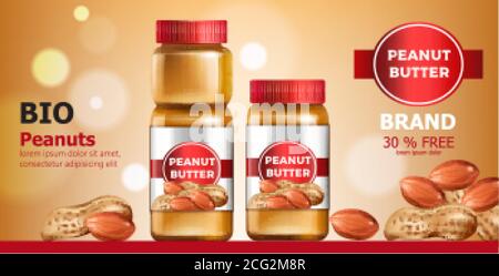 Zusammensetzung aus drei Gläsern mit Erdnussbutter. Für Text platzieren. Bio. Im Angebot. Realistisch. 3D-Mockup-Vektor Stock Vektor
