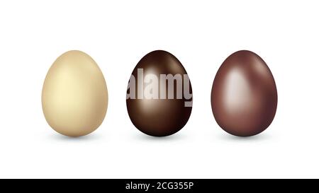Set von Eiern aus weißer, dunkler, Milchschokolade isoliert auf weißem Hintergrund. Schokolade ostereier. Ostergeschenk. Design-Element für Grußkarten im Urlaub. Vec Stock Vektor