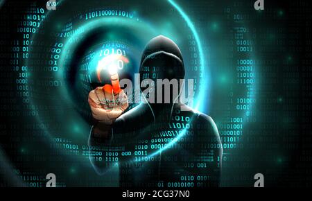 Computerhacker mit einer Haube berührt den Touchscreen-Binärcode. Lichtwellen auf abstrakten binären Software Hintergrund Hacker Silhouette. Hacken von Komput Stock Vektor