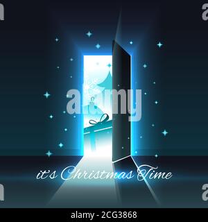 Weihnachtliche Wunder in einer offenen, glühenden Tür. Frohe Weihnachten und Neujahr Grußkarte, Vektor-Illustration Stock Vektor