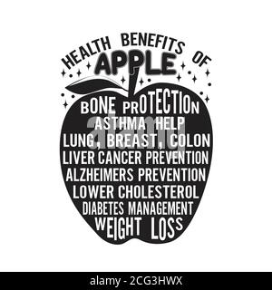 Apple Zitat und sagen gut für T-Shirt. Gesundheitliche Vorteile von Apfel. Stock Vektor