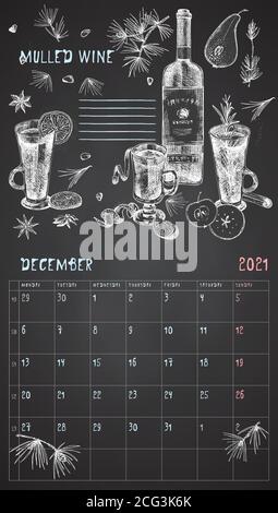 2021 Seite der Wand vintage Kalender Planer. Dezember Monat. Die Woche beginnt am Montag. Thema Alkoholbar. Glühwein Cocktail Retro Poster Ort zu schreiben Stock Vektor