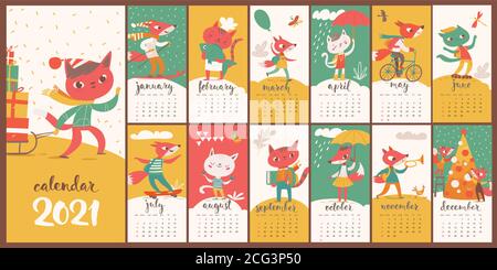 Vector 2021 Kalender mit lustigen Füchsen und Katzen in flach Stil Stock Vektor
