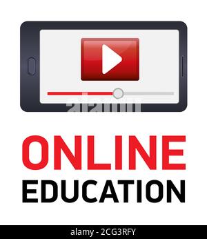 Banner oder Schaltfläche zum Herunterladen von Online-Schulungen. Vektordarstellung des Smartphones mit roter Play-Taste. Stock Vektor