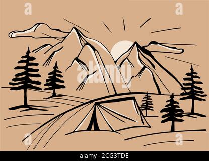 Vector Berge mit Tannen. Illustration der Erholung in den Bergen mit Zelten. Schneebedeckte Bergkette. Stockfoto