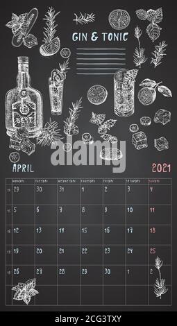 2021 Seite der Wand vintage Kalender Planer. Monat April. Die Woche beginnt am Montag. Thema Alkoholbar. Gin Tonic Tagescocktails Retro Poster Ort zum Schreiben Stock Vektor