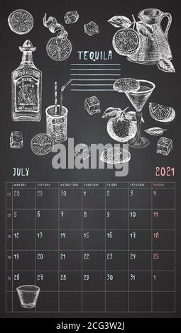 2021 Seite der Wand vintage Kalender Planer. Monat Juli. Die Woche beginnt am Montag. Thema Alkoholbar. Bio-Tequila-Cocktails Retro-Poster Ort zu Stock Vektor