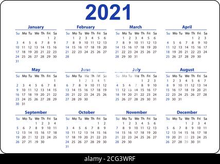 Horizontaler blauer Taschenkalender auf 2021 Jahr. Woche beginnt ab Sonntag. Vektor-Vorlagen-Kalender für Unternehmen auf weißem Hintergrund. Stock Vektor