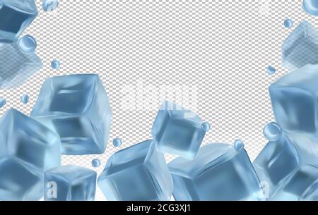 Gefrorene Eiswürfel auf transparentem Hintergrund mit Platz für den Text. Realistische Eiswürfel aus der Nähe und Wassertropfen. Vektorgrafik. Stock Vektor