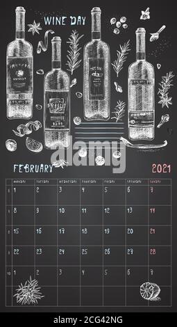2021 Seite der Wand vintage Kalender Planer. Februar Monat. Die Woche beginnt am Montag. Thema Alkoholbar. Wein Tag Cocktails Retro Poster Ort zu schreiben Stock Vektor