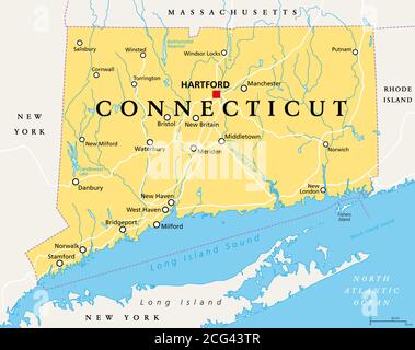 Connecticut, politische Karte mit Hauptstadt Hartford. State of Connecticut, CT, der südlichste Staat in der Region New England der Vereinigten Staaten. Stockfoto
