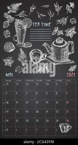 2021 Seite der Wand vintage Kalender Planer. Mai Monat. Die Woche beginnt am Montag. Thema Alkoholbar. Tea Time Cocktails Retro Poster Ort, um Rezept zu schreiben Stock Vektor
