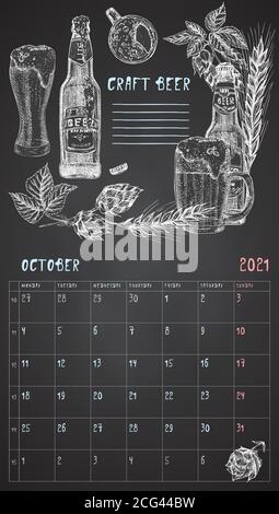 2021 Seite der Wand vintage Kalender Planer. Oktober Monat. Die Woche beginnt am Montag. Thema Alkoholbar. Craft Bier Cocktails Retro Poster Ort zu schreiben Stock Vektor