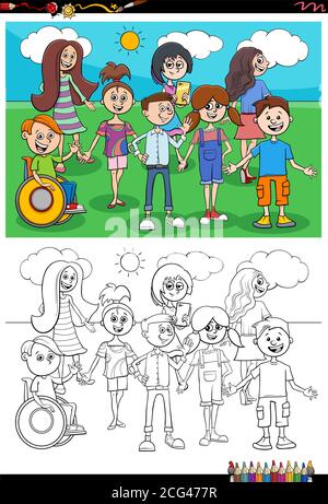 Cartoon Illustration von Kindern und Jugendlichen Charaktere Gruppe Malbuch Seite Stock Vektor