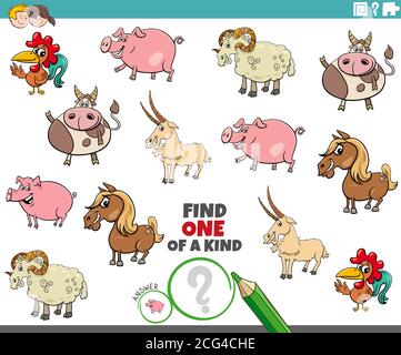 Cartoon Illustration von Finden Sie ein von einer Art Bild Educational Spiel mit Comic Farm Animal Charaktere Stock Vektor