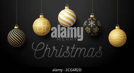 Luxus Weihnachten horizontal Promo Banner. Urlaubsvektor Illustration mit realistisch verzierten schwarzen, weißen und goldenen Weihnachtskugeln auf schwarzem Backgroun Stock Vektor