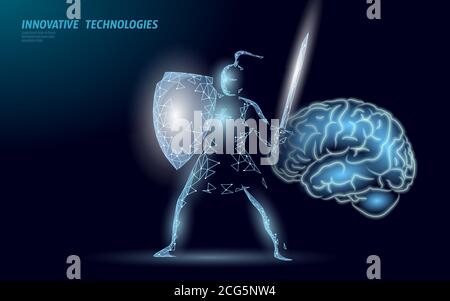 Gehirn Behandlung Schutz Ritter 3D Render. Droge nootropic menschliche Fähigkeit Stimulans intelligente psychische Gesundheit. Medizin kognitive Rehabilitation in Stock Vektor