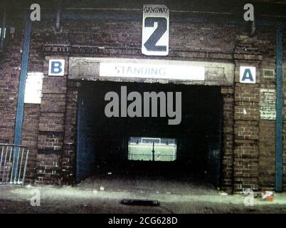 Dieses Bild darf nur im Zusammenhang mit dem Hillsborough-Gerichtsverfahren verwendet werden. Eine undatierte Akte, die den Tunnel am Ende der Leppings Lane des Hillsborough Ground von Sheffield Wednesday zeigt, wurde der Jury am Leeds Crown Court gezeigt. * ...bei einer privaten Strafverfolgung durch die Hillsborough Family Support Group. Matchkommandant Oberaufseher David Duckenfield und Superintendent Bernard Murray leugnen das Totschlag von zwei der Opfer der Katastrophe beim FA Cup Halbfinale zwischen Liverpool und Nottingham Forest am Mittwoch in Sheffield am Boden am 15. April 1989. Stockfoto