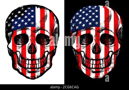 United States Flag Skull Illustration auf einem weißen und schwarzen Boden. Mit Beschneidungspfad. Stockfoto