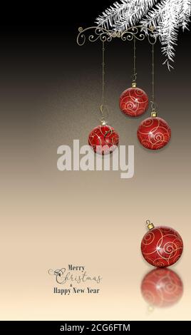 Elegante, glänzende, realistische Weihnachtskugeln mit Golddeko, Tannenzweig, Spiegelung, Text auf schwarzem Hintergrund. Einladung, Grußkarte, Poster, Kopierraum, 3D-Illustration Stockfoto
