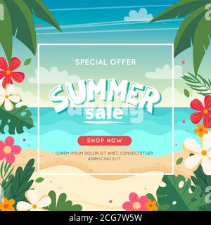 Sommer Sale Banner mit Strandlandschaft, Schriftzug und floralen Rahmen. Illustration im flachen Stil Stockfoto