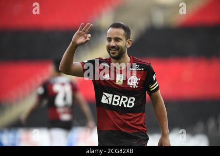 Rio de Janeiro, Brasilien, 05. September 2020. Flamengo-Fußballer Everton Ribeiro feiert sein Tor im Flamengo x Fortaleza-Spiel um die B Stockfoto