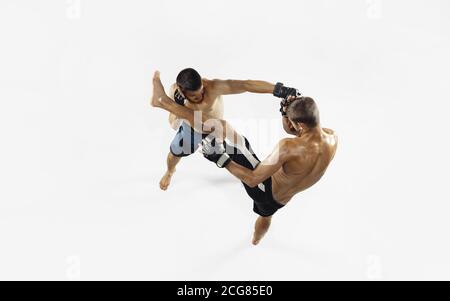 Zwei professionelle MMA Kämpfer Boxen isoliert auf weißem Studio Hintergrund. Draufsicht auf ein paar Muskelsportler. Sport, gesunder Lebensstil, Wettkampf, Dynamik und Bewegung, Action-Konzept. Copyspace. Stockfoto