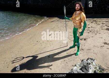 Wilhelmshaven, Deutschland. September 2020. GEEK ART - Bodypainting and Transformaking: Aquaman Fotoshooting mit Grave Artist in der Jade Bay in Wilhelmshaven am 08. September 2020 - EIN Projekt des Fotografen Tschiponnique Skupin und des Bodypainters Enrico Lein zur weltweiten Nutzung Quelle: dpa/Alamy Live News Stockfoto