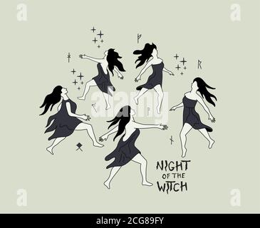 Eine Gruppe tanzender Hexen tanzt in einem Kreis in der Nacht. Hexerei Charme und Zauber Vektor Illustration, Stock Vektor