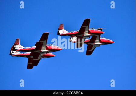 Vier Mitglieder der kanadischen Streitkräfte 431 Air Demonstration Squadron Fliegen in Formation bei einer Flugschau 2019 vorbei Der Hafen von Nanaimo in Vancouver ist Stockfoto