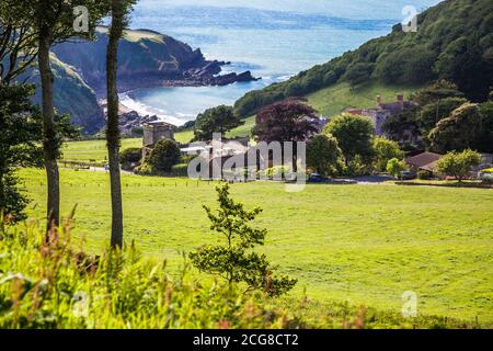 Blick über die Lee Bay in der Nähe von Lynton und Lynmouth, North Devon, England, Großbritannien Stockfoto
