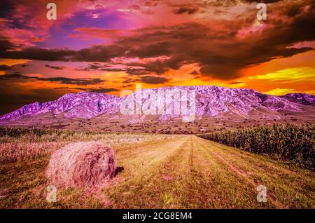 Sonnenuntergang über Piatra Secuiului, Szekelyko Berg, Rumänien. Strohballen auf dem Feld vor dem Berg und unter einem wolkigen blauen Himmel. Stockfoto