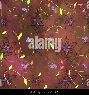 Abstraktes Nahtmuster mit Blumen und Zweigen. Nahtloser Hintergrund in braun und orange Farben. Stockfoto