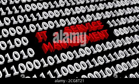 ITSM Information Technology Service Management Konzept - roter Schriftzug integriert In einen binären Code-Bildschirm mit weißen Ziffern ein Schwarzer Hintergrund Stockfoto