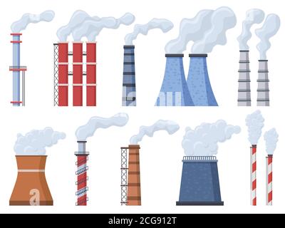 Industriekamin. Herstellung von industriellen Schornstein, giftige Luft Schornstein Rohre, Fabrik Schornstein Rauch Verschmutzung Vektor Illustration Icons gesetzt Stock Vektor