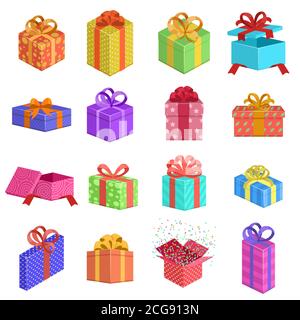 Geschenkschachteln. Geburtstag Geschenk-Box, Hochzeit oder Weihnachten Urlaub Geschenk-Boxen, Gruß Überraschung Geschenke mit Bändern isoliert Vektor-Illustration Set Stock Vektor