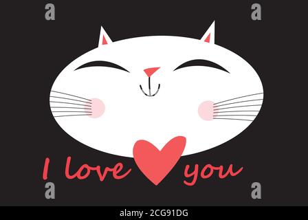 Helle fröhliche Grußkarte mit einem liebevollen Porträt einer Katze. Beispiel einer Katze Grußkarte für Valentinstag. Stock Vektor